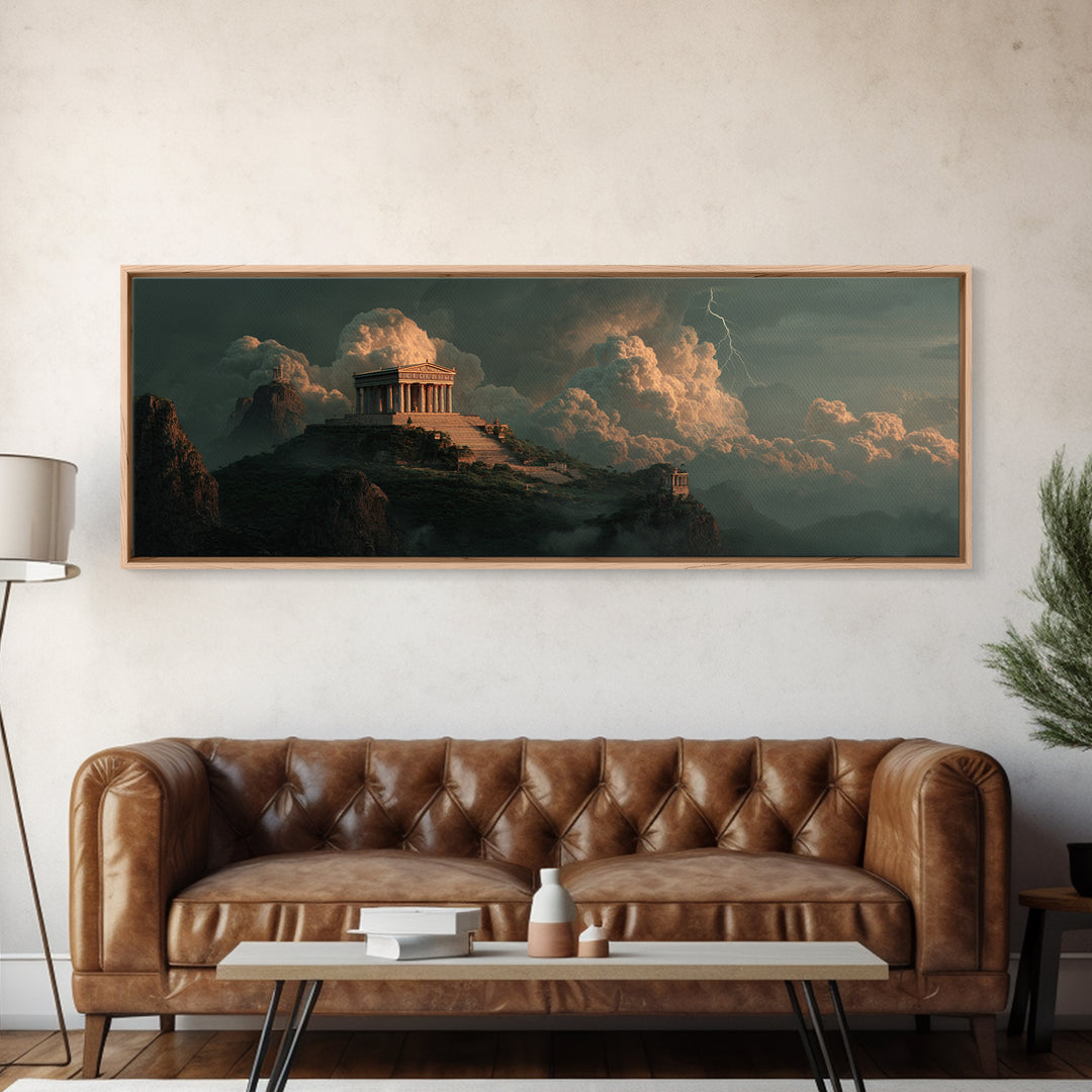 Ancient Greek Temple Above Stormy Peaks Wall Art, Mythological Landscape Canvas Print, Classical Decor, Dramatic Office Art