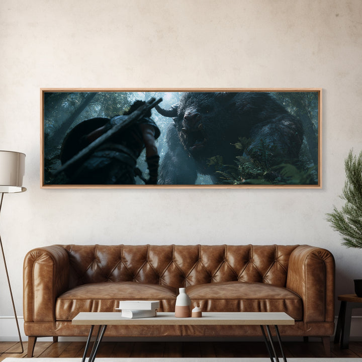 Warrior Facing Giant Forest Beast Canvas Print, Dark Fantasy Wall Art, Mythical Creature Decor, Dramatic Game Room Poster