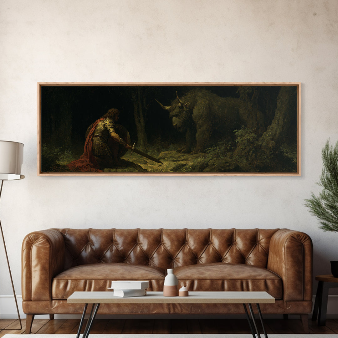 Kneeling Knight Facing Dark Forest Unicorn Wall Art, Mythical Fantasy Canvas Print, Gothic Fairytale Decor Unique Gift For Him