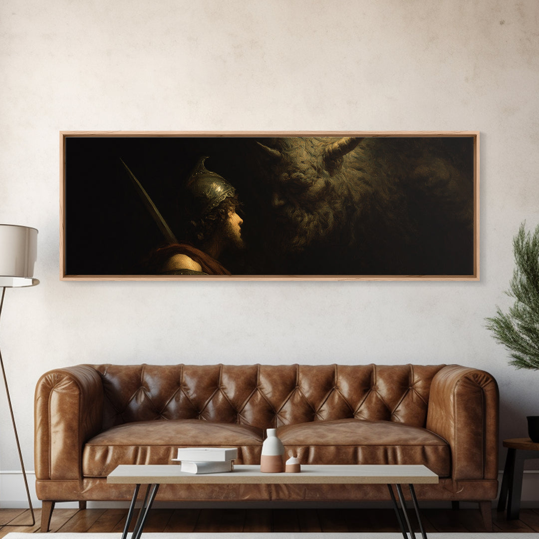 Ancient Warrior Facing Horned Beast Canvas Print, Dark Fantasy Mythology Wall Art, Dramatic Gothic Decor For Living Room