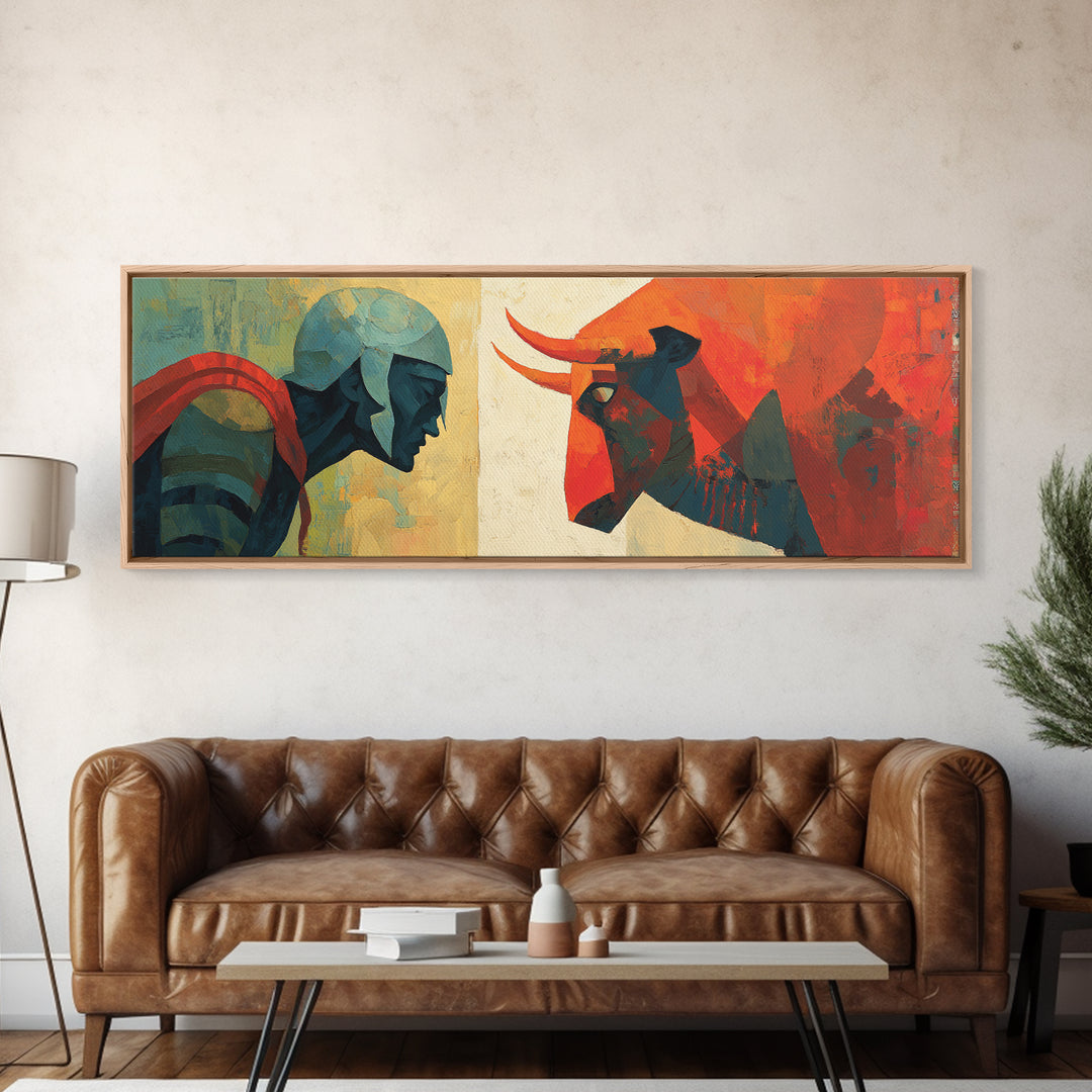 Modern Warrior And Red Bull Canvas Print, Geometric Mythology Wall Art, Mid Century Abstract Decor For Bold Living Room Art
