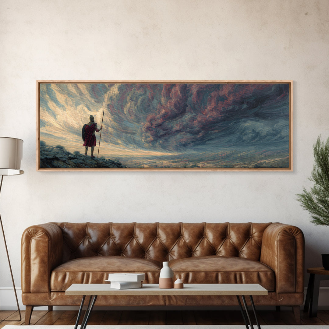 Lone Warrior Under Stormy Sky Wall Art, Dramatic Fantasy Landscape Canvas Print, Moody Large Horizontal Living Room Decor