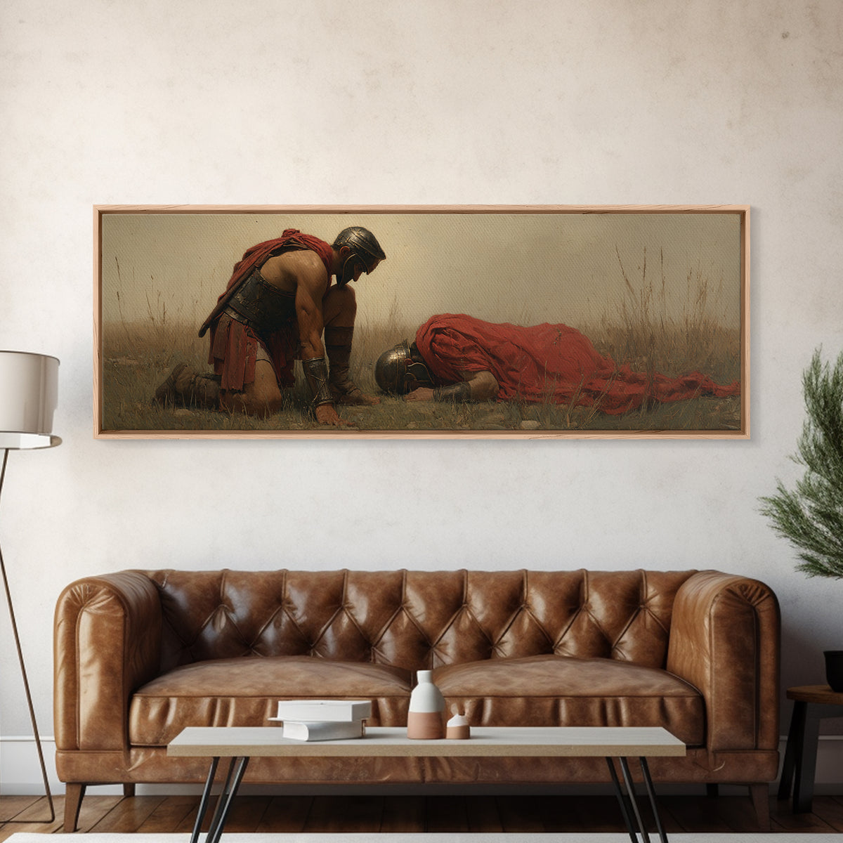 Kneeling Warrior Beside Fallen Soldier Wall Art, Historical Battlefield Canvas Print, Dramatic Masculine Living Room Decor