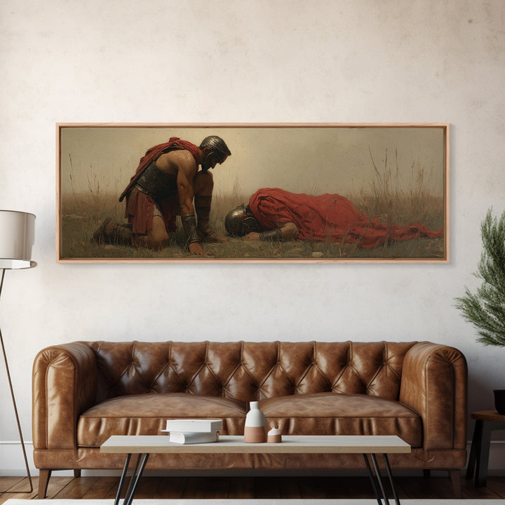 Kneeling Warrior Beside Fallen Soldier Wall Art, Historical Battlefield Canvas Print, Dramatic Masculine Living Room Decor