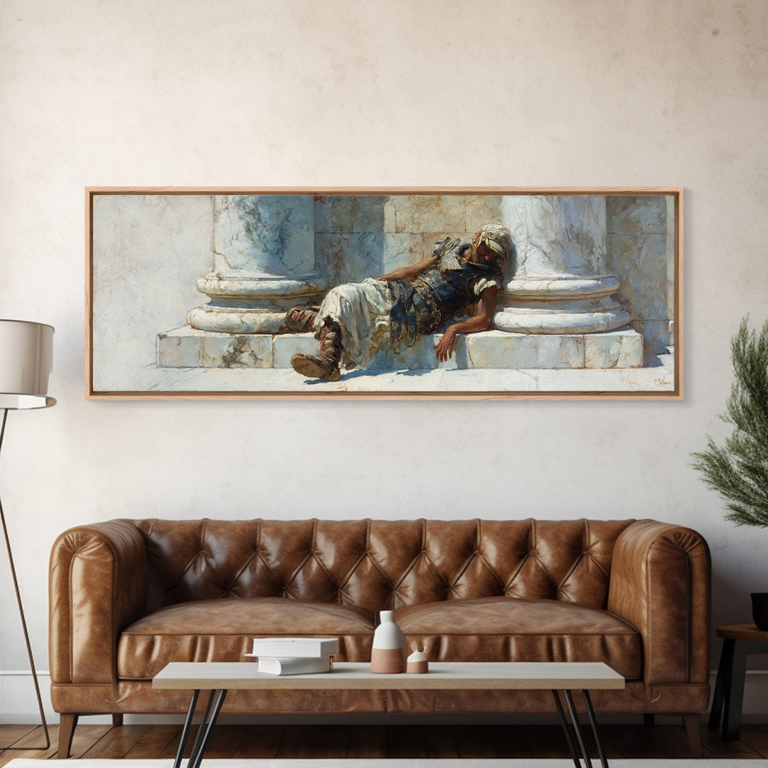 Resting Roman Soldier By Marble Columns Wall Art, Ancient Warrior Oil Painting Print, Classical History Decor, Housewarming Gift