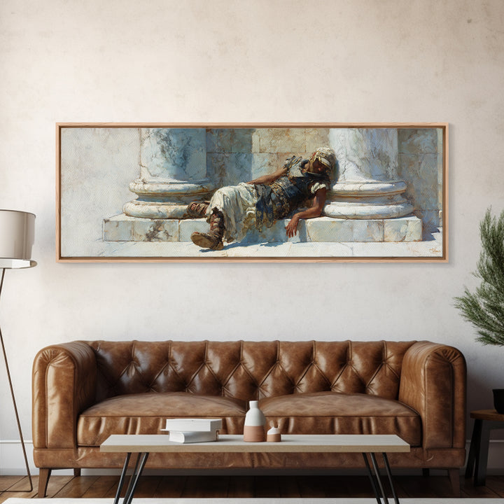 Resting Roman Soldier By Marble Columns Wall Art, Ancient Warrior Oil Painting Print, Classical History Decor, Housewarming Gift