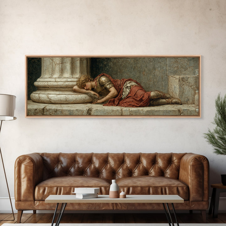 Resting Roman Soldier By Marble Column Framed Canvas Print, Classical Wall Art, Dark Academia Decor, Historical Gift For Him