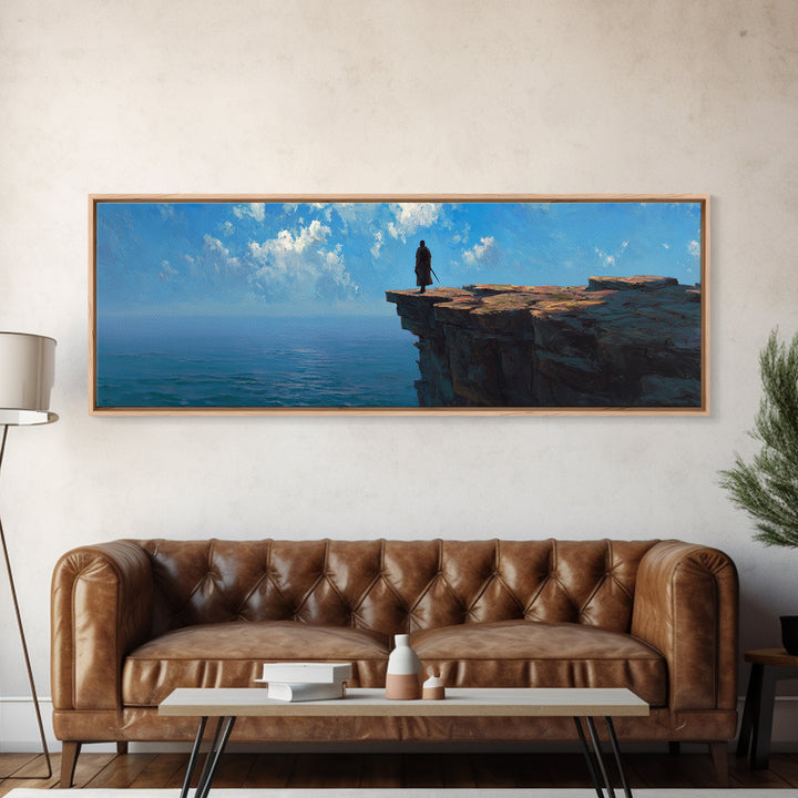 Lone Figure On Ocean Cliff Wall Art, Moody Coastal Landscape Canvas, Blue Seascape Print, Large Living Room Decor, Housewarming Gift