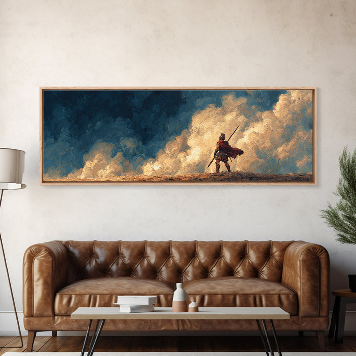 Lone Spearman Facing Golden Clouds Wall Art, Heroic Fantasy Landscape Canvas, Modern Masculine Office Decor Gift For Him