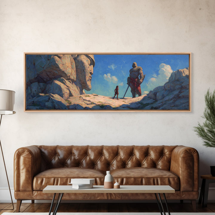 Giant Stone Guardians In Mountain Pass Canvas Print, Epic Fantasy Landscape Art, Dnd Room Decor, Adventure Wall Decor Gift