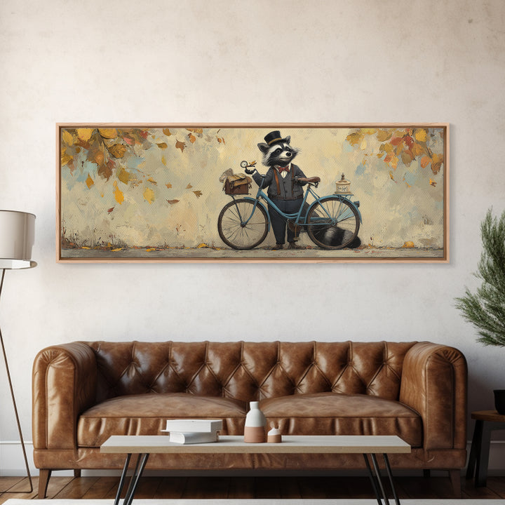 Dapper Raccoon With Bicycle Canvas Print, Whimsical Woodland Animal Wall Art, Autumn Nursery Decor, Cute Kids Room Gift For Her