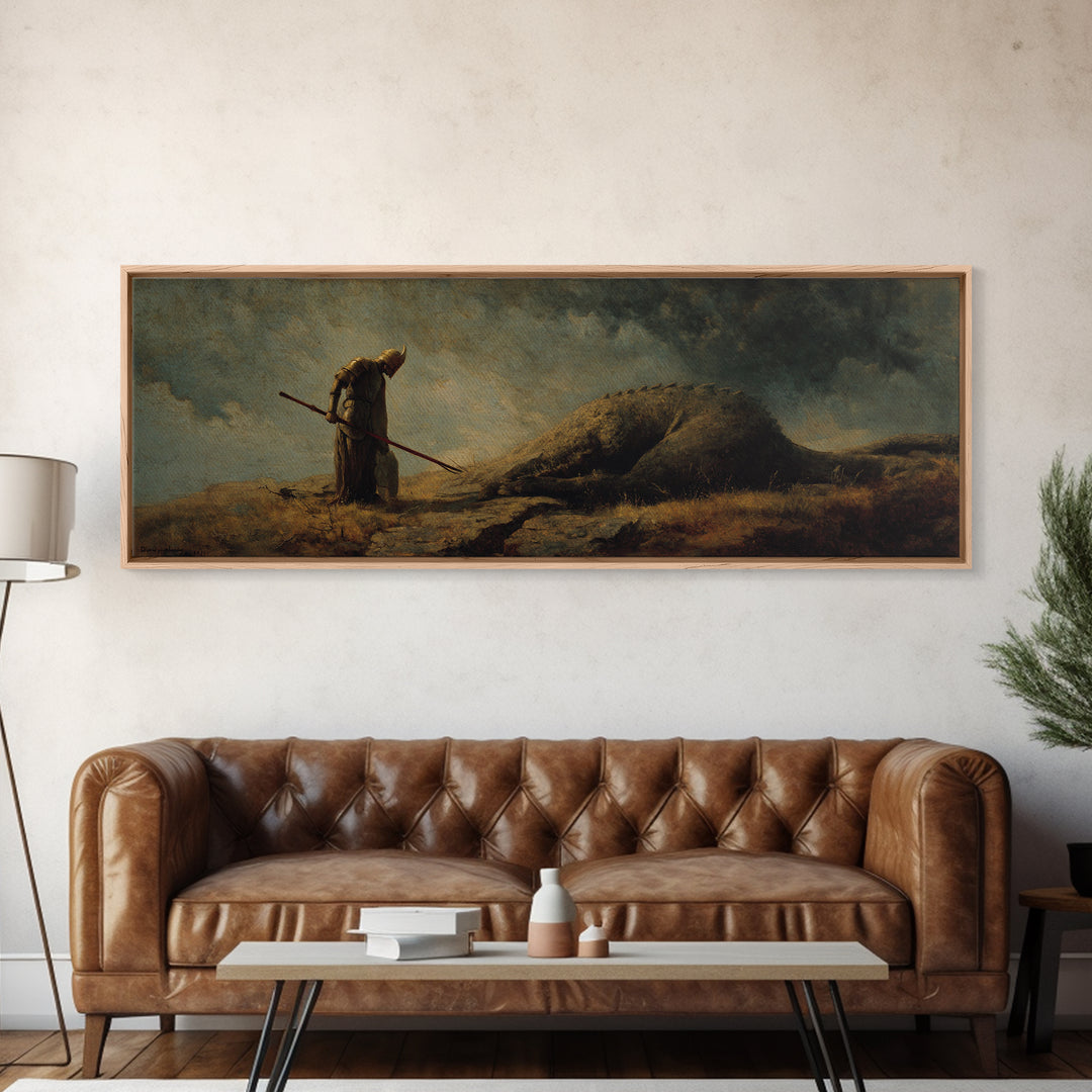 Cloaked Hunter Beside Fallen Giant Wall Art, Dark Fantasy Landscape, Mythical Creature Decor, Gothic Canvas Print, Fantasy Gift