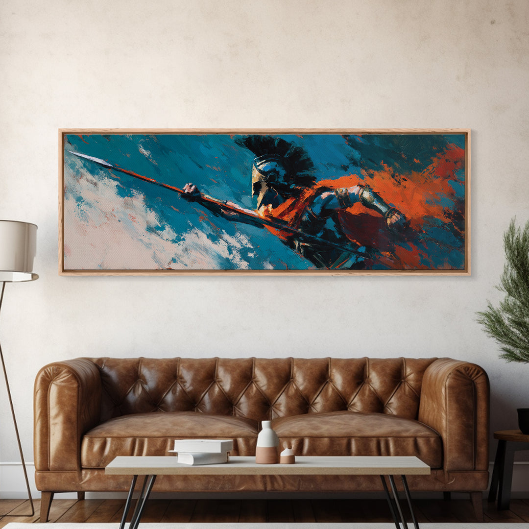 Spartan Spearman In Teal And Orange Canvas Print, Greek Warrior Wall Art, Bold Abstract Decor, Masculine Office Art Gift For Him