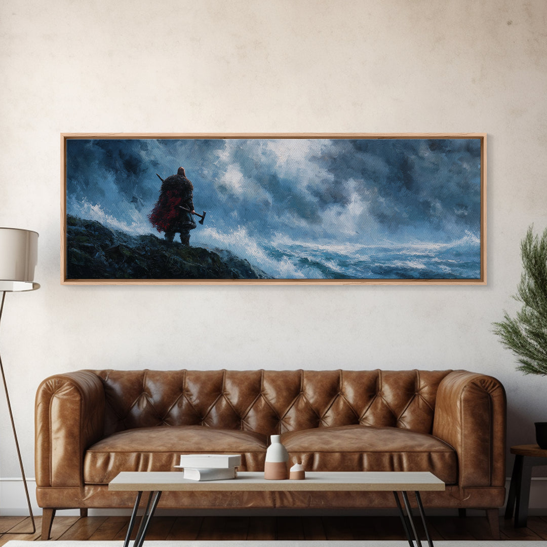 Lone Viking On Stormy Shore Framed Canvas Print, Norse Seascape Wall Art, Moody Coastal Decor, Fantasy Gift For Him, Dramatic Ocean Poster
