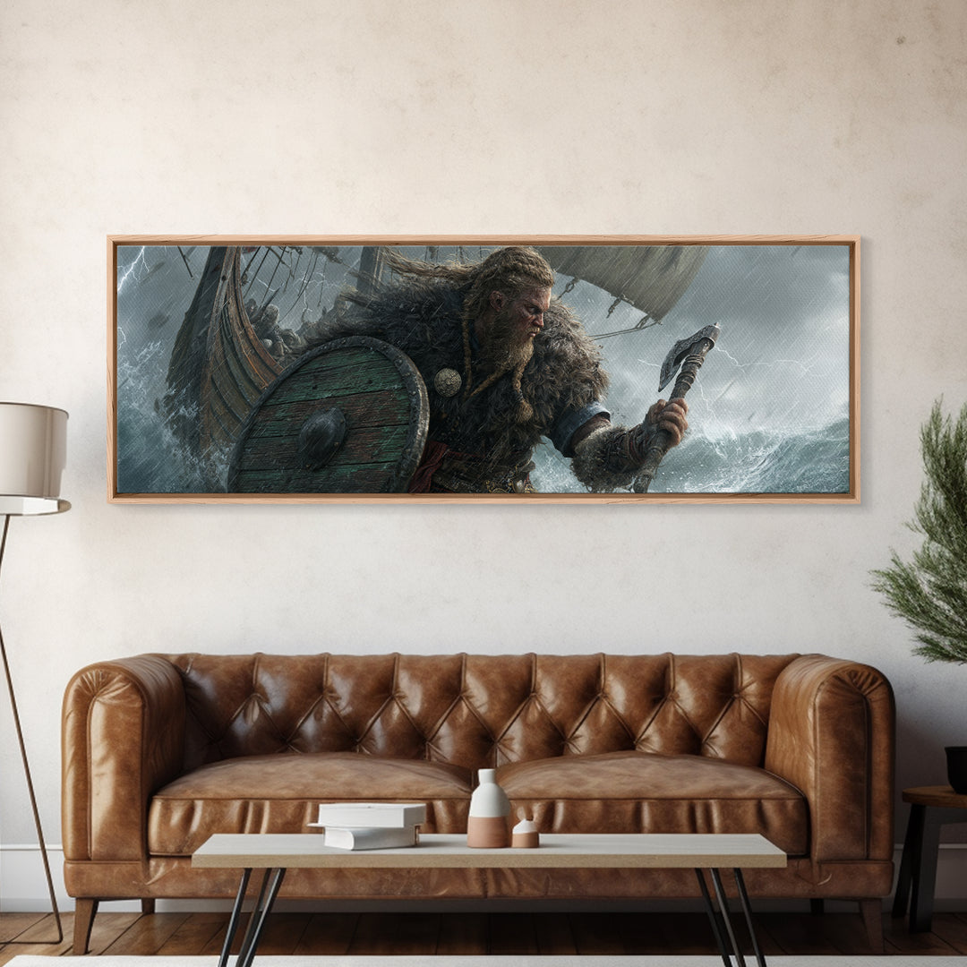 Stormy Viking Warrior At Sea Wall Art, Norse Ship Canvas, Dark Fantasy Decor, Warrior Gift, Nautical Living Room Art, Rustic Home Decor
