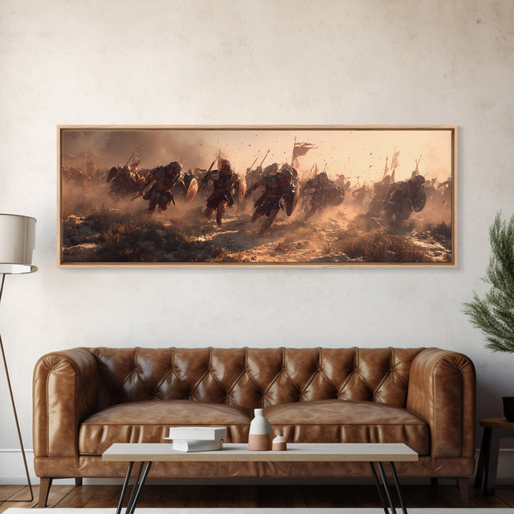 Dusty Warrior Cavalry Charge Wall Art, Epic Battle Framed Canvas Print, Historical War Decor, Large Masculine Gift For Him