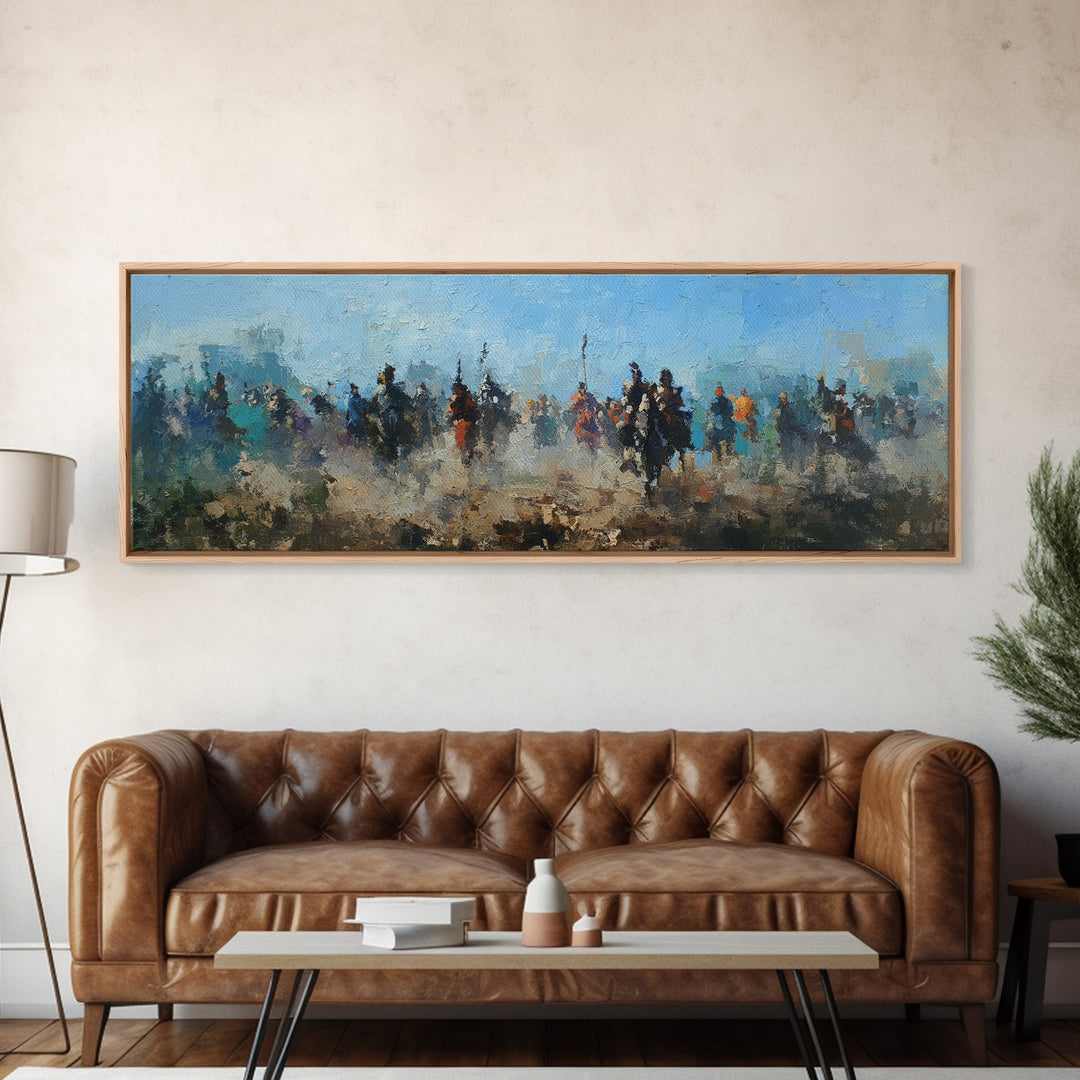 Abstract Cavalry Riders In Blue Haze Wall Art, Horseback Battle Oil Painting Print, Western Living Room Decor Gift For Him