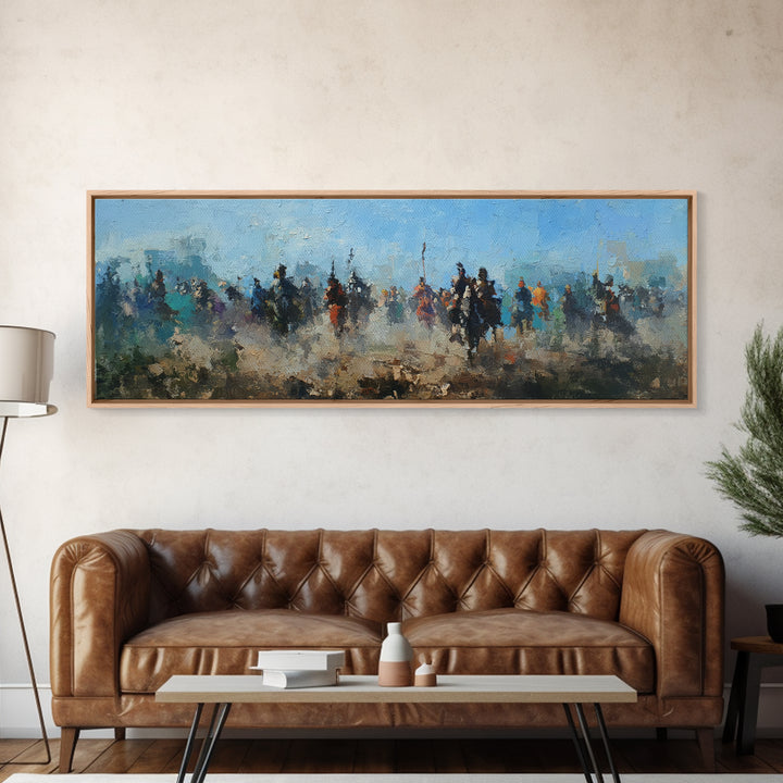 Abstract Cavalry Riders In Blue Haze Wall Art, Horseback Battle Oil Painting Print, Western Living Room Decor Gift For Him