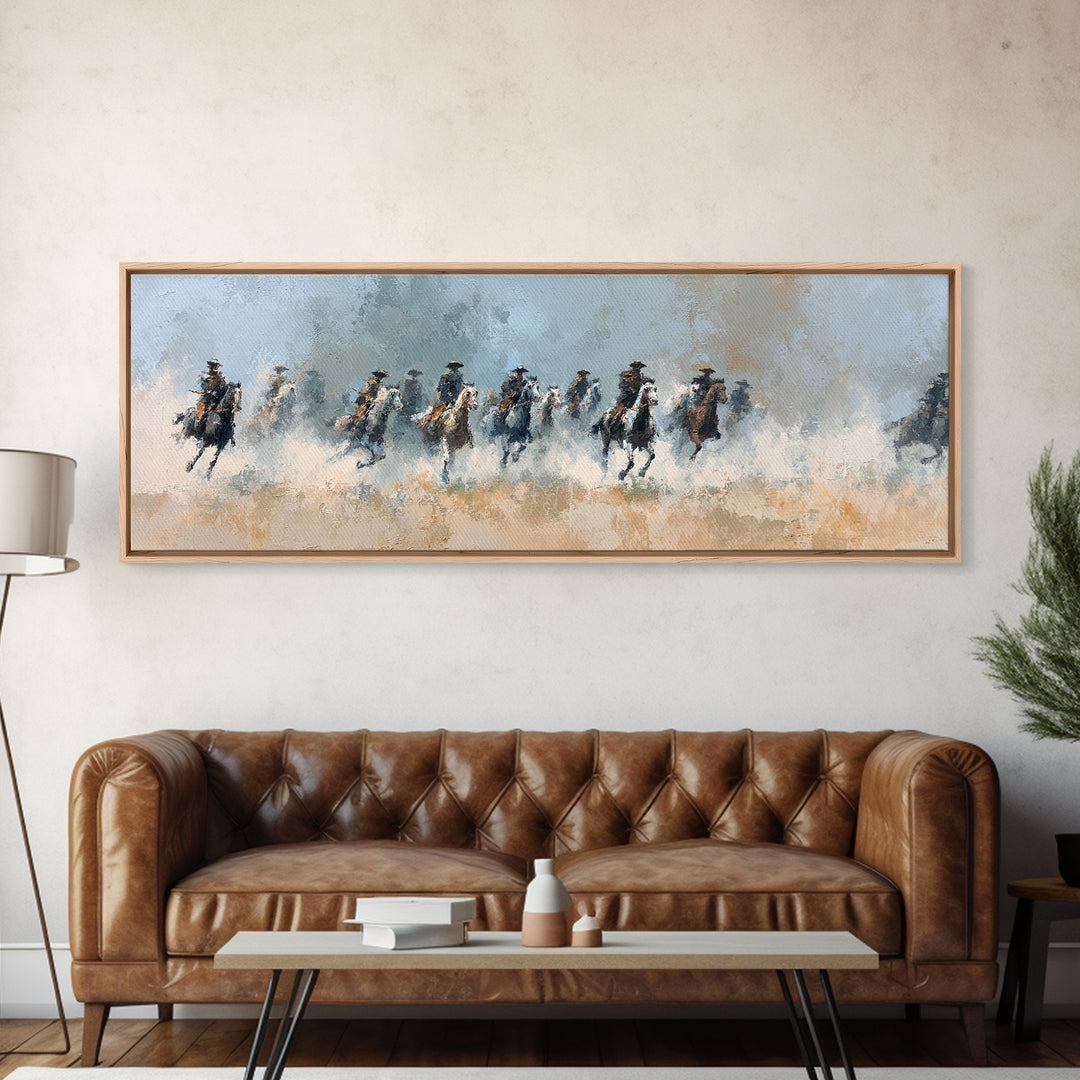 Galloping Horsemen Across Dusty Plains Canvas Print, Western Wall Art, Equestrian Decor, Rustic Living Room Wall Art, Horse Lover Gift