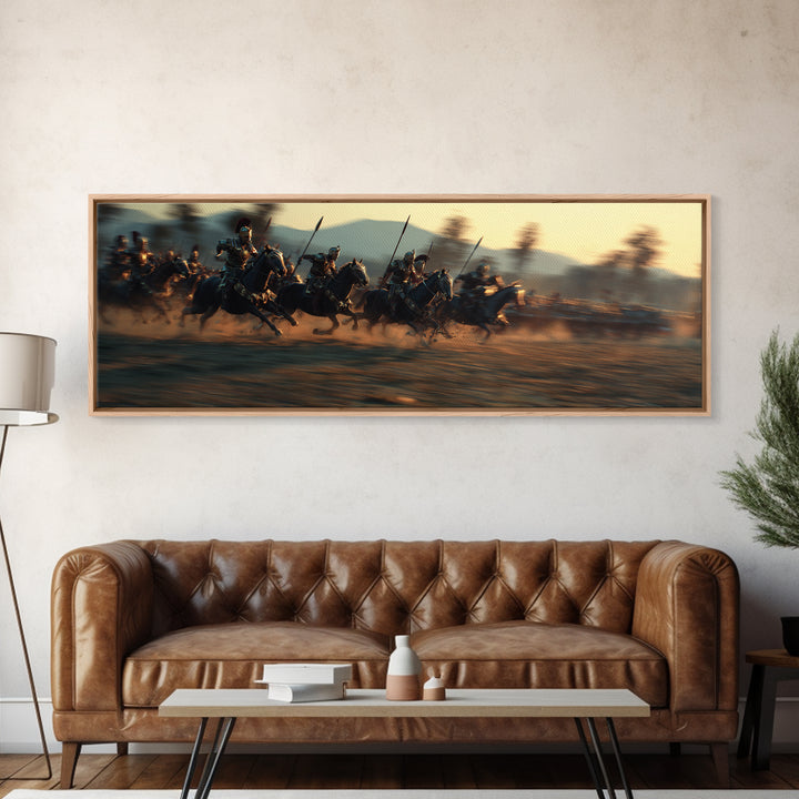 Armored Cavalry Charge At Sunset Wall Art, Epic Horse Battle Canvas Print, Western Warrior Decor, Gift For Him, Masculine Office Decor