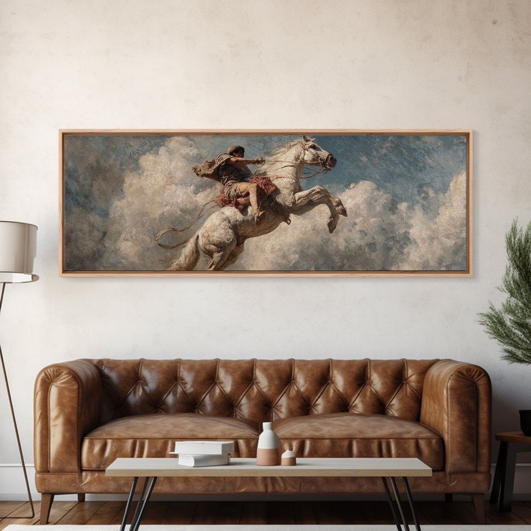 Wild Rider On Rearing White Horse Wall Art, Western Canvas Print, Equestrian Decor, Rustic Masculine Living Room Art Gift