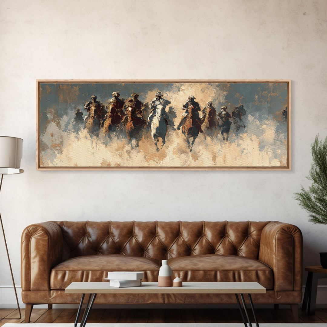 Charging Horsemen In Dusty Plains Wall Art, Abstract Cavalry Battle Painting, Western Decor, Large Horizontal Canvas Print