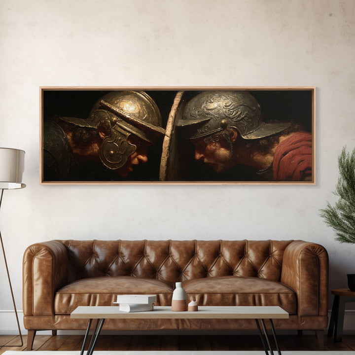Gladiator Helmet Duel Framed Canvas Print, Ancient Roman Wall Art, Historical Battle Decor, Masculine Office Gift For Him