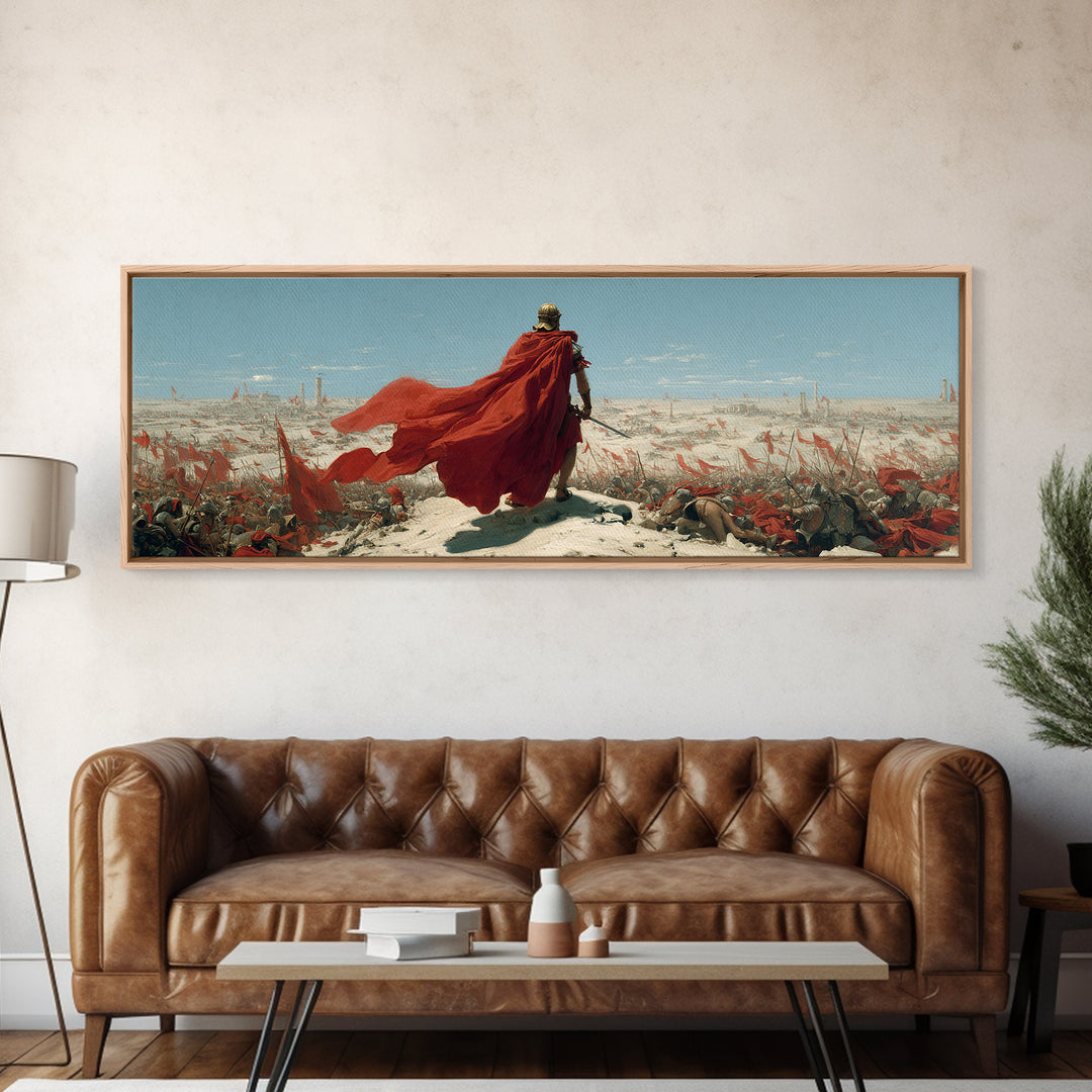 Red Cloaked Commander Over Snowy Battlefield Wall Art, Epic Fantasy Warrior, Historical Canvas Print, Statement Office Decor