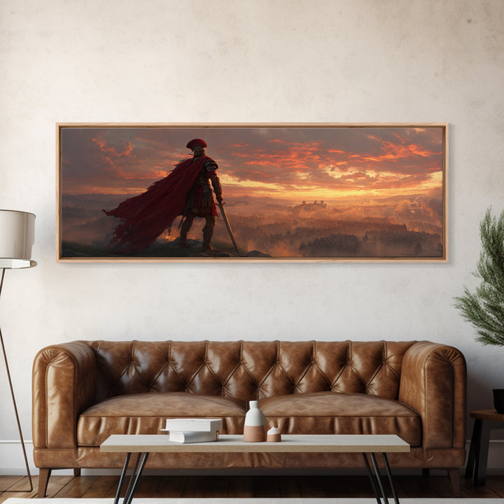 Roman General Over Sunset Empire Wall Art, Red Cape Warrior Landscape, Classical Fantasy Decor, Cinematic Large Canvas Print