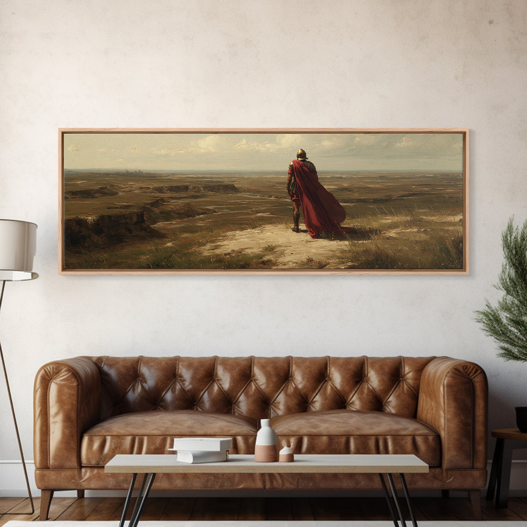 Red Cape Warrior Canyon Wall Art, Epic Fantasy Landscape Canvas, Ancient Hero Print, Rustic Western Statement Decor Gift
