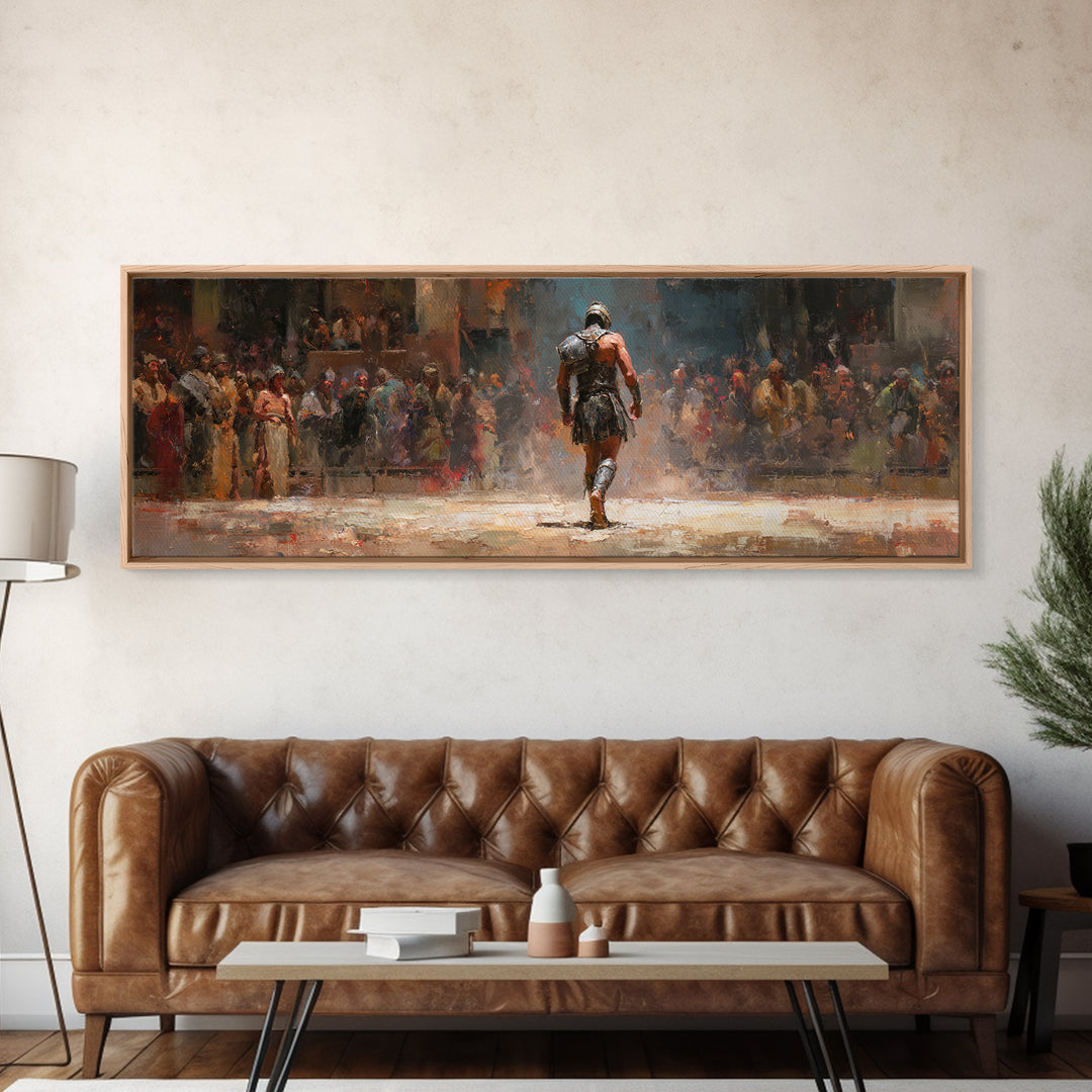 Lone Gladiator Arena Oil Painting Wall Art, Ancient Warrior Canvas, Roman Battle Decor, Dramatic Fantasy Print For Man Cave