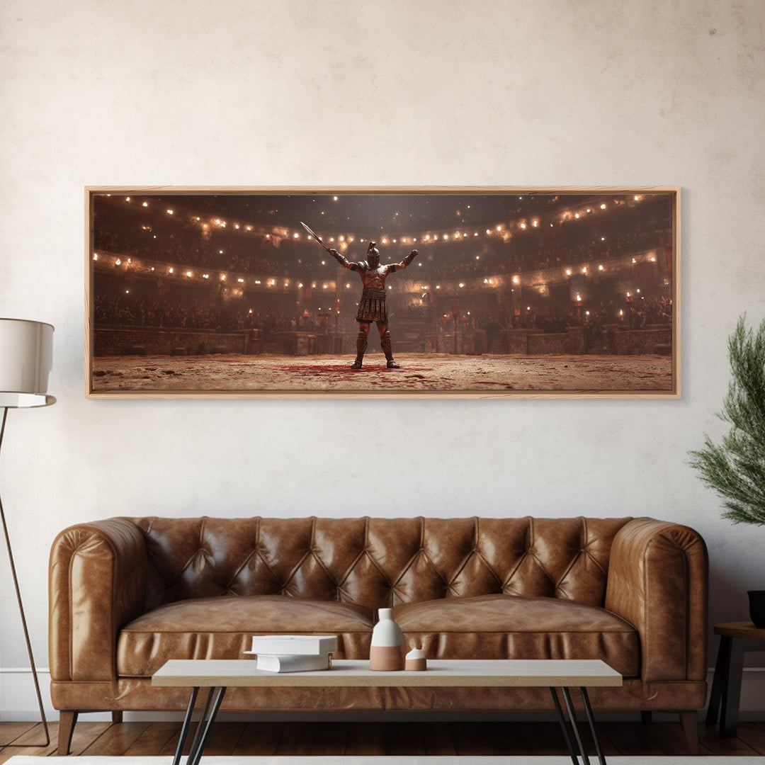 Triumphant Gladiator In Torchlit Arena Wall Art, Roman Warrior Fantasy Canvas, Epic Battle Decor, Cinematic Man Cave Art