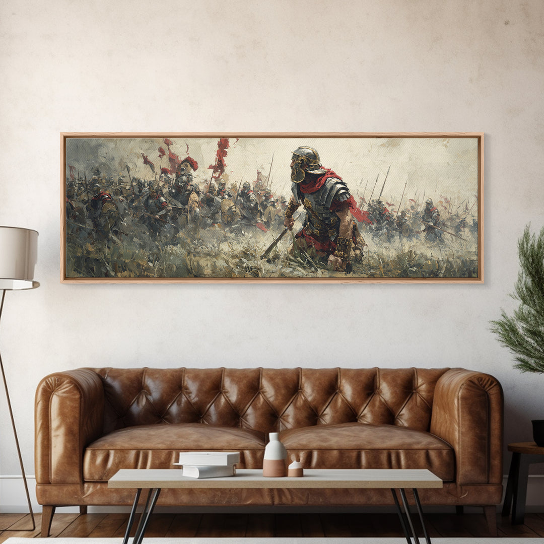 Ancient Warrior Leading Smoky Battlefield Wall Art, Panoramic Historical Battle Canvas, Masculine Office Decor Gift For Him