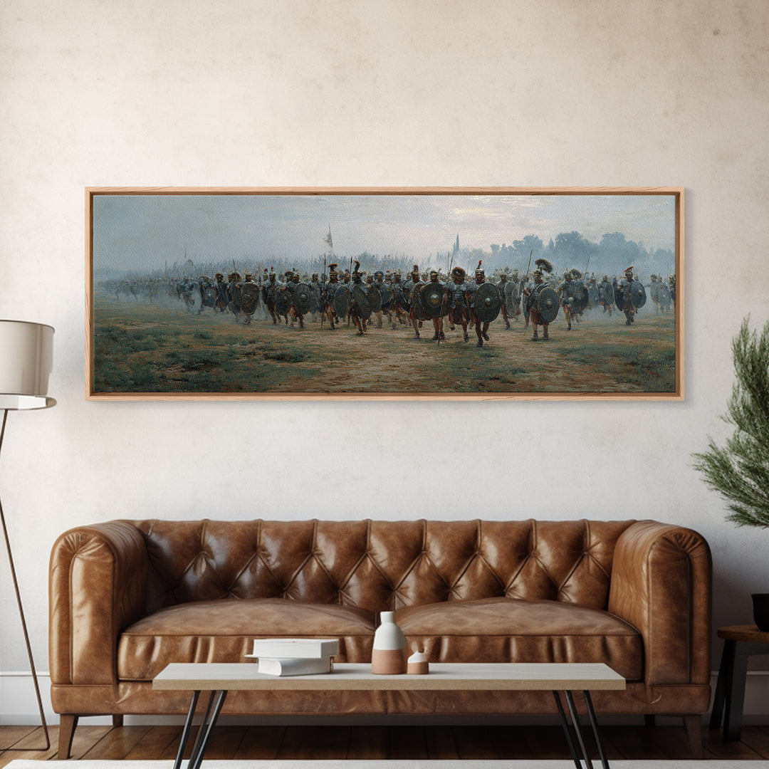 Misty Roman Army March Wall Art, Ancient Warrior Oil Painting Print, Panoramic History Decor, Large Living Room Art For Home Decor