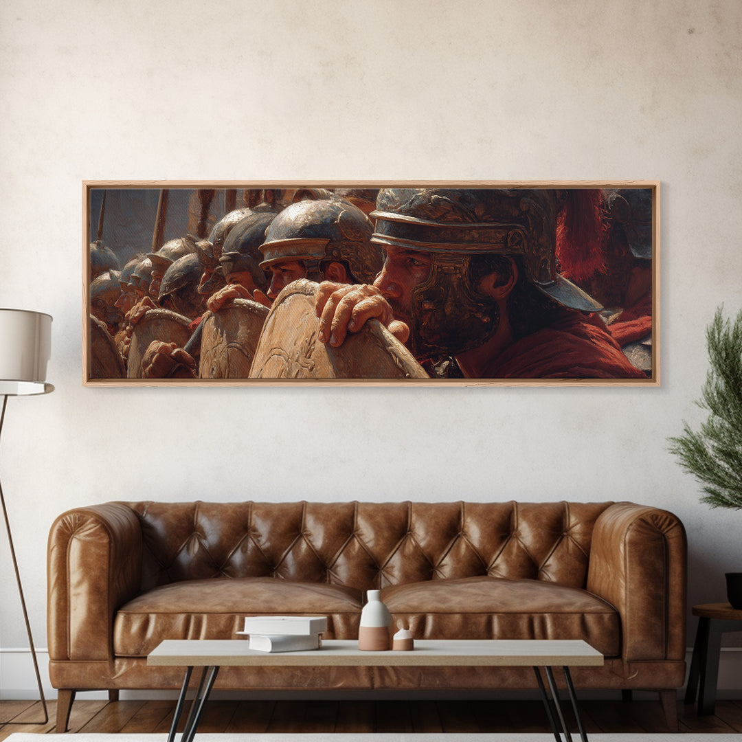 Roman Legion Shield Wall Art, Ancient Soldiers Framed Canvas Print, Historical Battle Decor For Masculine Office And Study