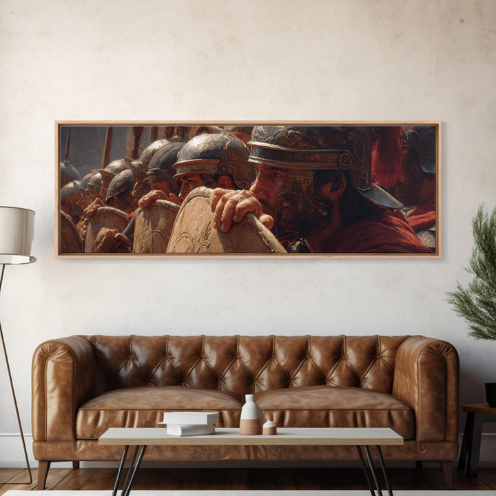 Roman Legion Shield Wall Art, Ancient Soldiers Framed Canvas Print, Historical Battle Decor For Masculine Office And Study