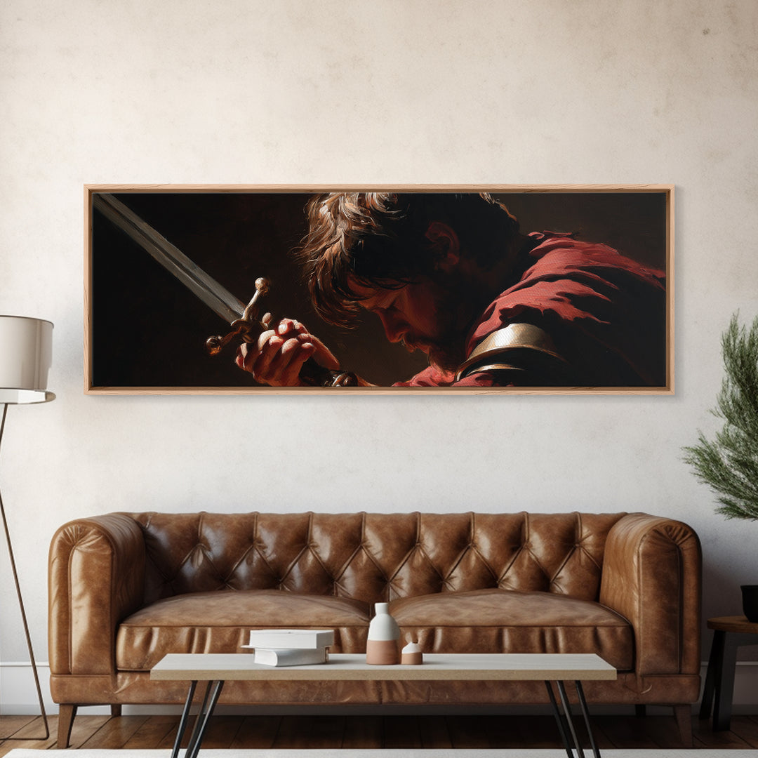 Brooding Warrior Holding Sword Wall Art, Dramatic Baroque Portrait Canvas Print, Masculine Gothic Office And Man Cave Decor