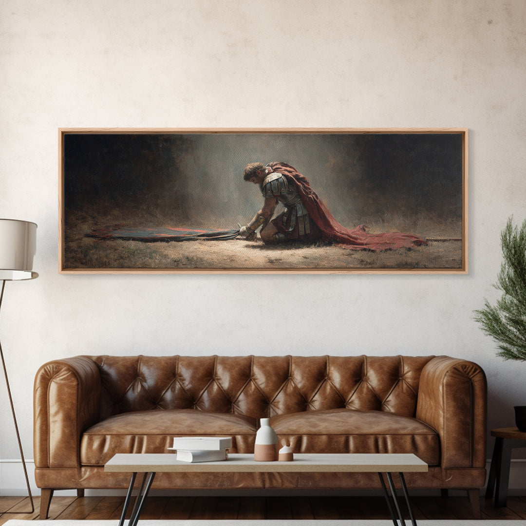 Fallen Roman Soldier With Red Cloak Framed Canvas Print, Classical Warrior Wall Art, Dark Academia Office Decor Gift For Him