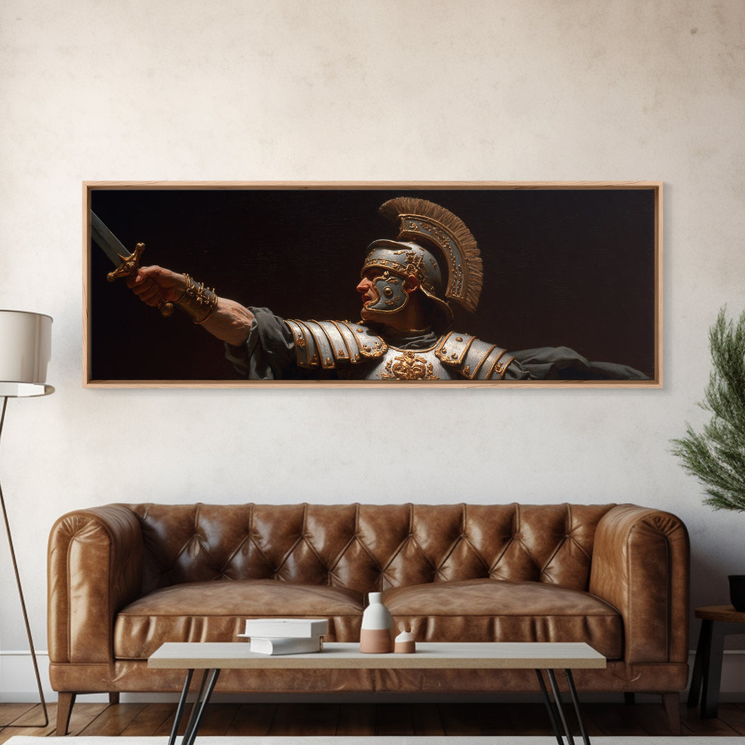 Roman Warrior Sword Portrait Framed Canvas Print, Classical Wall Art, Dark Academia Decor, Mythological Fine Art, Gift For Him