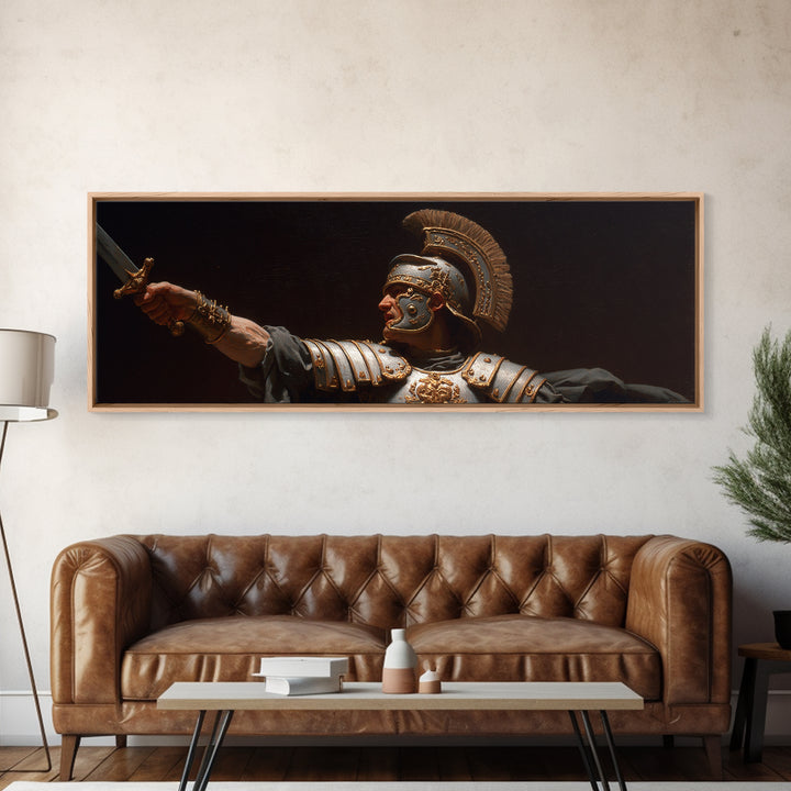 Roman Warrior Sword Portrait Framed Canvas Print, Classical Wall Art, Dark Academia Decor, Mythological Fine Art, Gift For Him