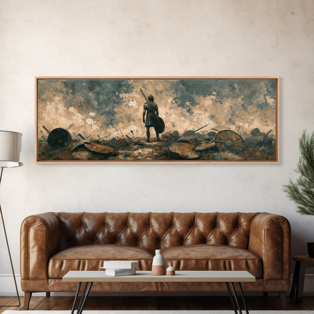 Solitary Warrior On Stormy Battlefield Canvas Print, Historical Wall Art, Moody Office Decor, Dark Academia Gift For Him