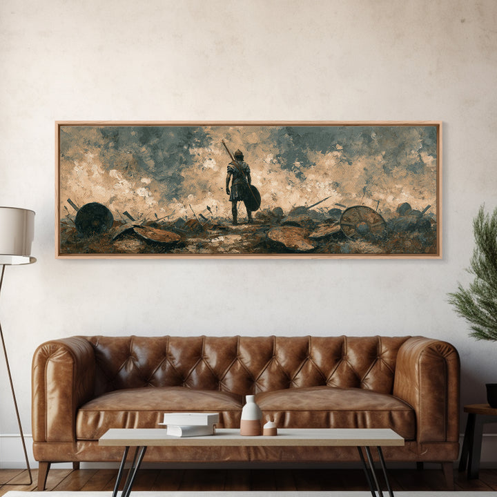 Solitary Warrior On Stormy Battlefield Canvas Print, Historical Wall Art, Moody Office Decor, Dark Academia Gift For Him