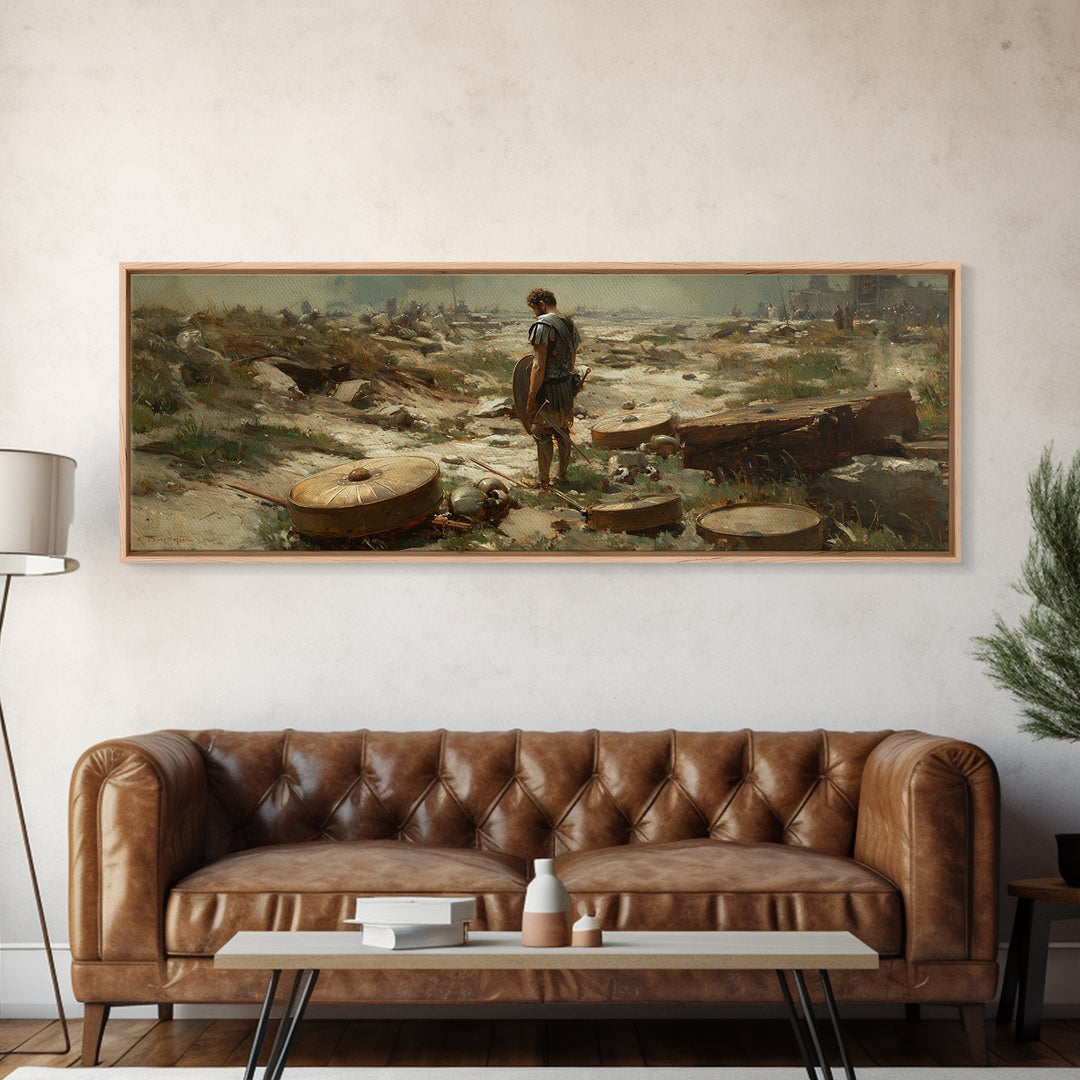 Lone Ancient Warrior Among Shields Wall Art, Roman Battlefield Canvas Print, Historical Decor, Classical Fine Art Prints