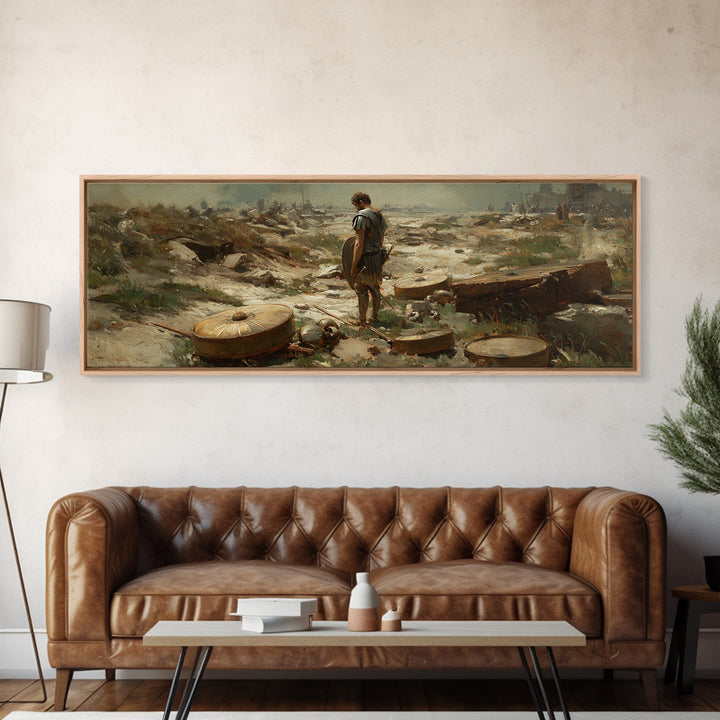 Lone Ancient Warrior Among Shields Wall Art, Roman Battlefield Canvas Print, Historical Decor, Classical Fine Art Prints