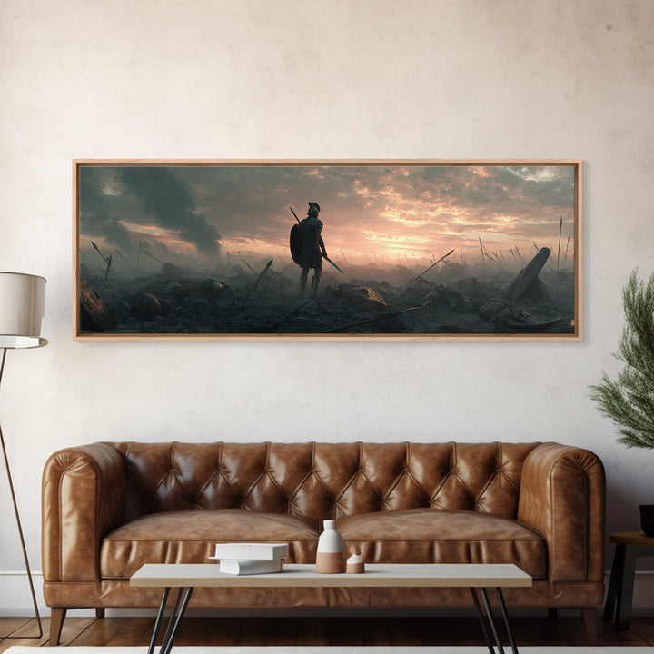 Lone Warrior On Smoky Battlefield Wall Art, Dark Fantasy Canvas, Epic Medieval Landscape, Dramatic Living Room Decor, Above Sofa Decor