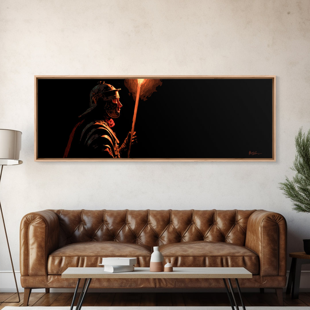 Roman Torch Bearer In Black Canvas Print, Ancient Warrior Wall Art, Dramatic Historical Decor, Masculine Man Cave Gift Print
