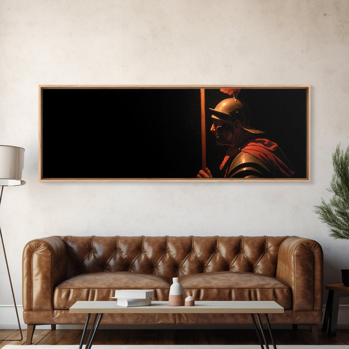 Bold Roman Soldier With Spear Framed Canvas Print, Dark Historical Warrior Wall Art, Masculine Office Decor And Gift For Him