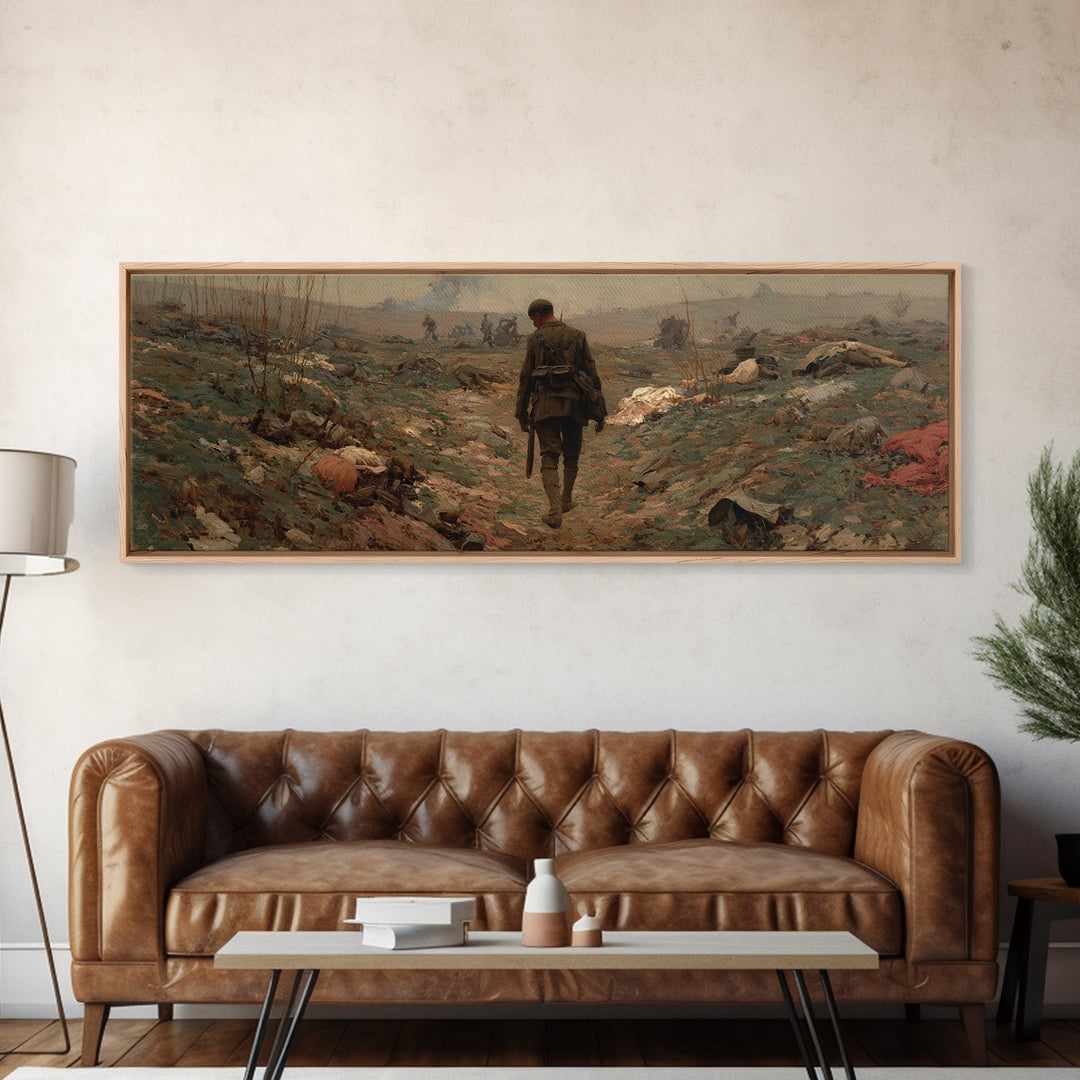 Somber Lone Soldier Battlefield Wall Art, Panoramic Framed Canvas Print, Historical Landscape Decor, Moody Office Wall Art