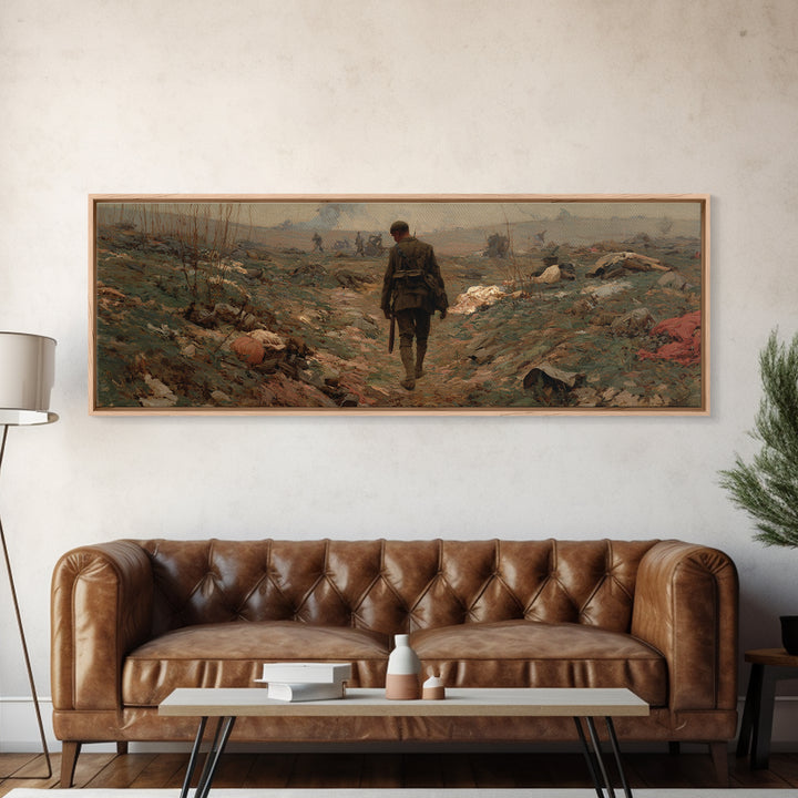 Somber Lone Soldier Battlefield Wall Art, Panoramic Framed Canvas Print, Historical Landscape Decor, Moody Office Wall Art