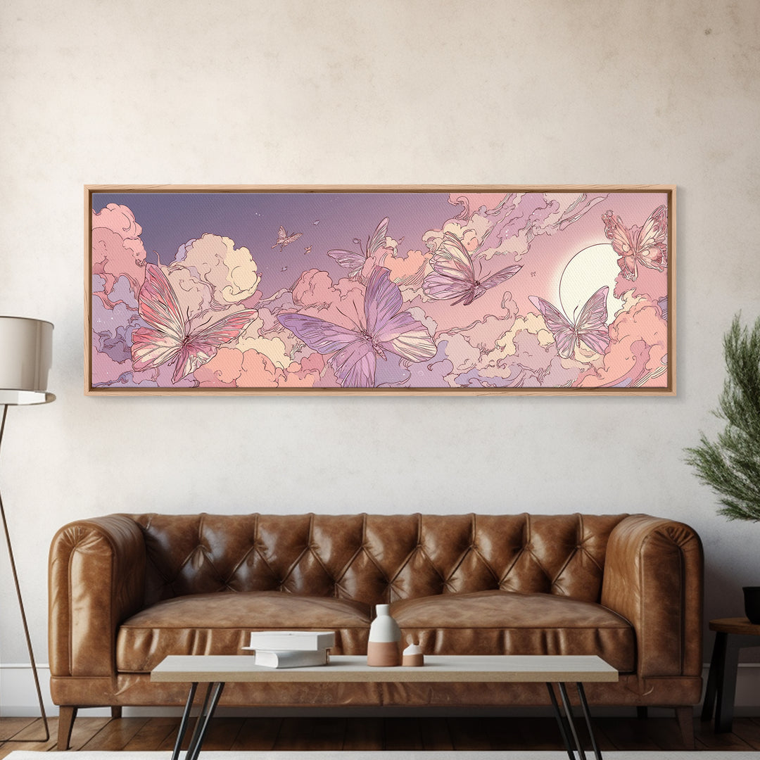 Pink Butterfly Cloudscape Wall Art, Whimsical Celestial Canvas Print, Pastel Nursery Decor, Magical Girls Room Artwork Gift